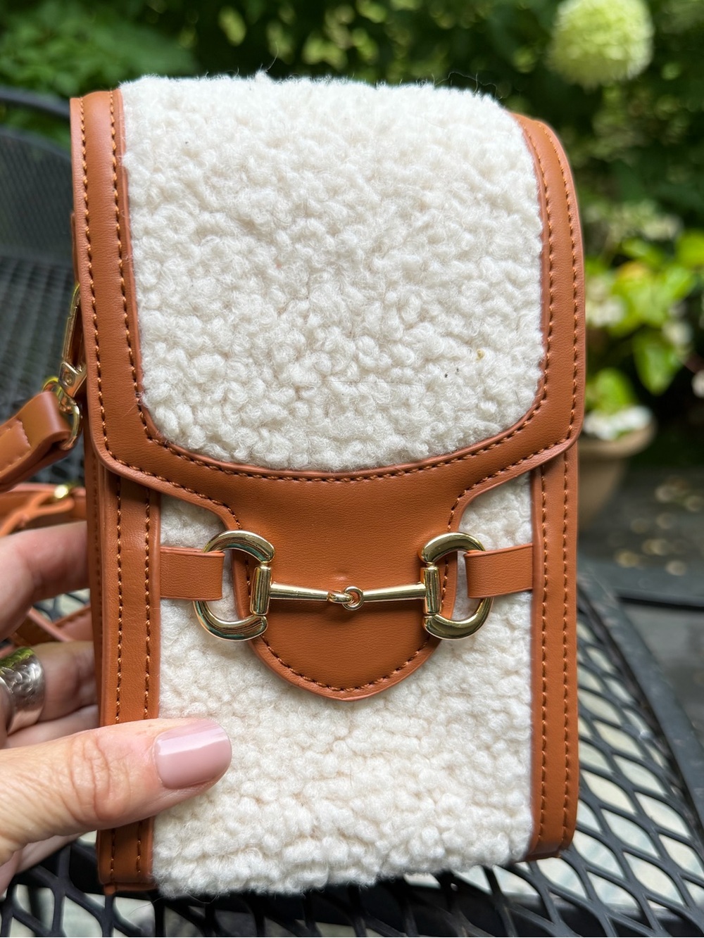 Anthropologie Tan & Cream Shearling Crossbody Bag with Gold Hardware
